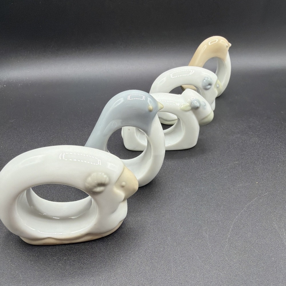 Pair Vintage Porcelain Animal Napkin Rings Takahashi Japan Sheep Cow Penguin